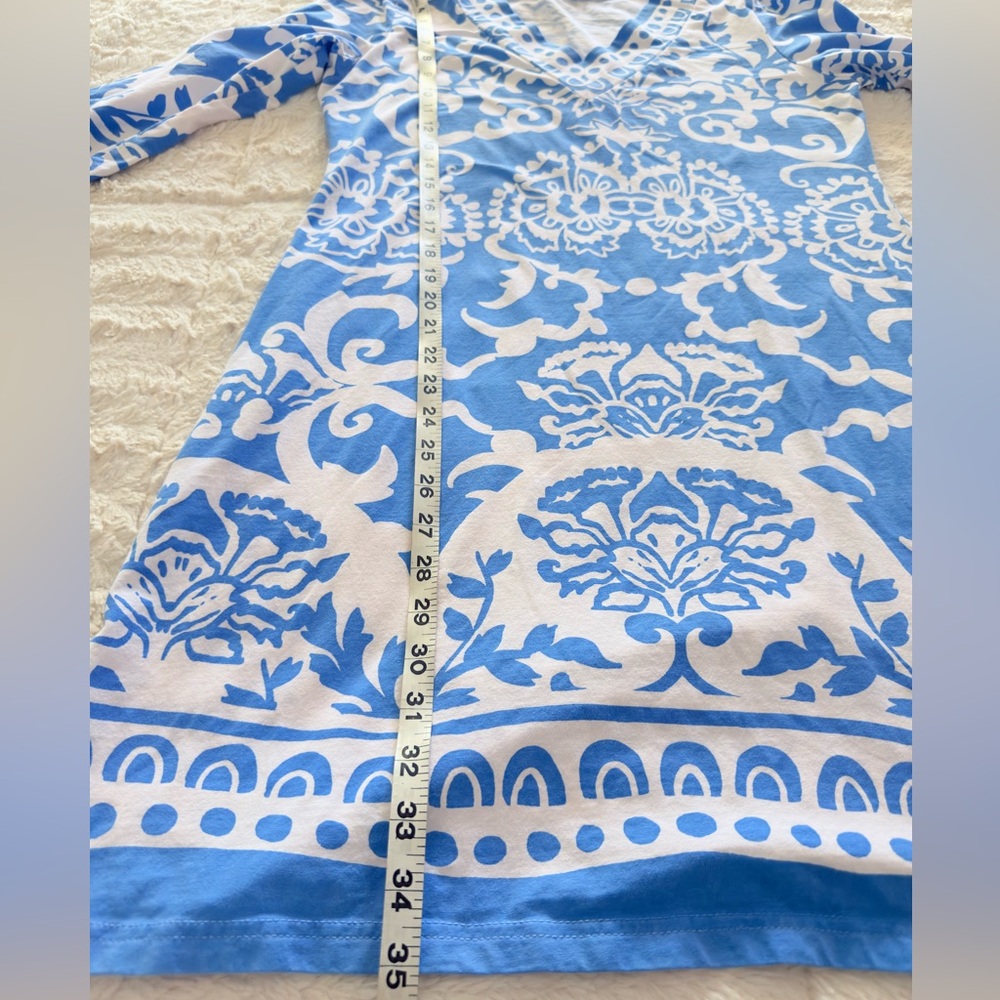 Blue & White Damask Shift Dress | Resort Coastal Style - Picture 3 of 5